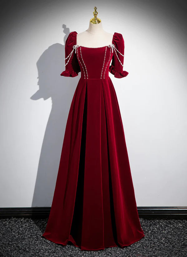 Vestido de fiesta largo de manga corta de terciopelo rojo vino